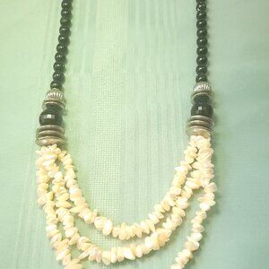 28" Triple Strand Mother of Pearl Shell & Faceted Black Glass Necklace Circa 198